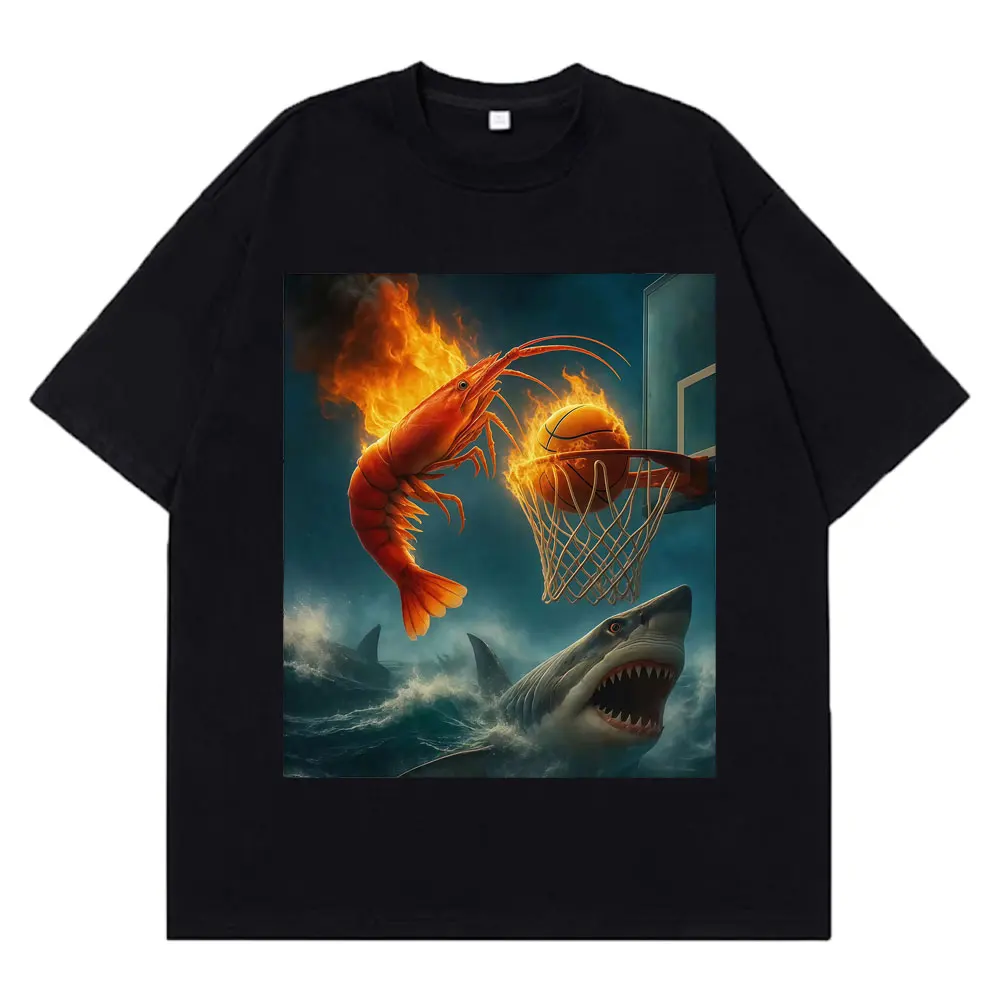 

Fiery Shrimp Dunk Basketball Funny Meme T-Shirt Summer Short-sleeved Fashion Cotton T Shirts Men Women Harajuku Style T-shirts