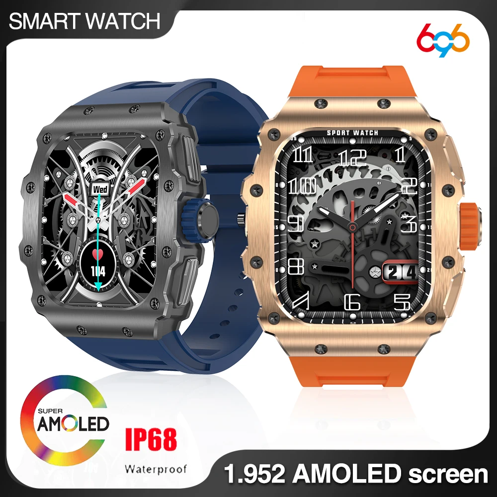 Relógio inteligente esportivo masculino, tela AMOLED 1.952 ", ao ar livre, chamada de dente azul, frequência cardíaca, 400mAh, IP68 impermeável, música smartwatch