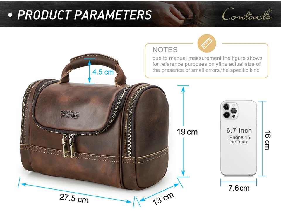 Männer Echtes Leder Reise Business Kulturbeutel Rasieren Tasche Frauen Retro Kosmetik Waschen Dusche Organizer Handtasche Große Kapazität – Detail 3