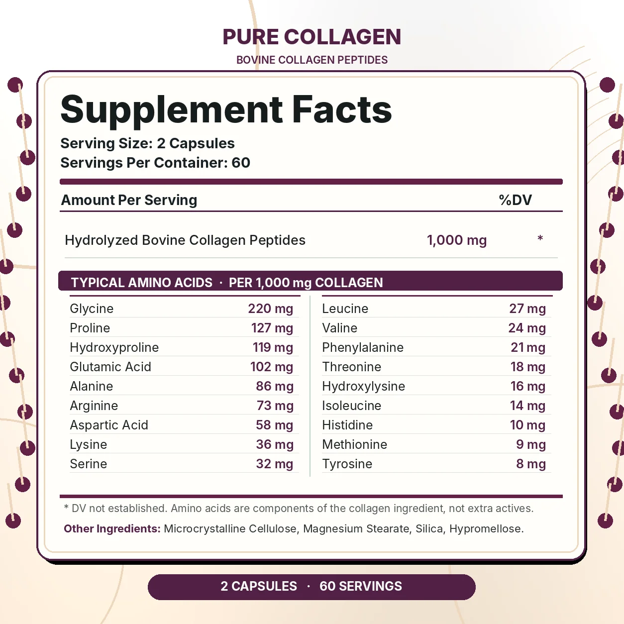 Pure Collagen Capsules - Supports Skin Elasticity, Joint Comfort, Skin Hydration & Tissue Health with Bovine Collagen Peptides