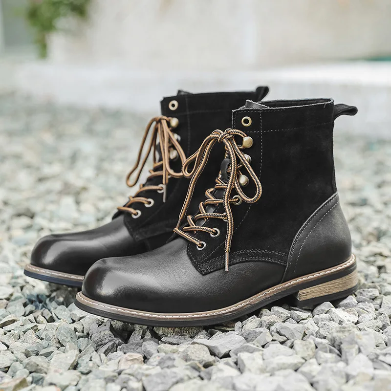 

Cowhide Paratrooper Knight Boots Men's Lace Up Waxed Leather Breathable Campus Style Barber Boots Outdoor Riding Walking Shoes