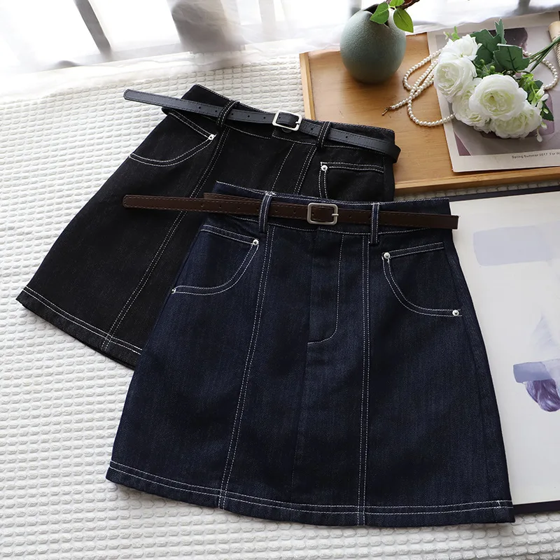 Women Summer Denim Skirt High Waist A-Line Soft Mini Skirts High Waist Leisure Soft Commute Outfits Female Slim Jean Skirt