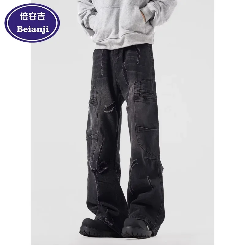 

Beianji jeans men high street deconstruction niche gangsters handsome straight leg retro function dirtyfit washed overalls