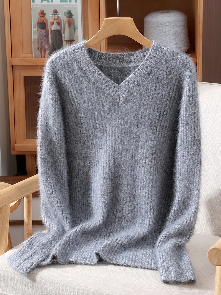 

TLOML Women's 100% Mink Cashmere Sweater V-Neck Pullover Autumn Winter Basic Soft Warm Clothing Long Sleeve Casual Knitwear Tops