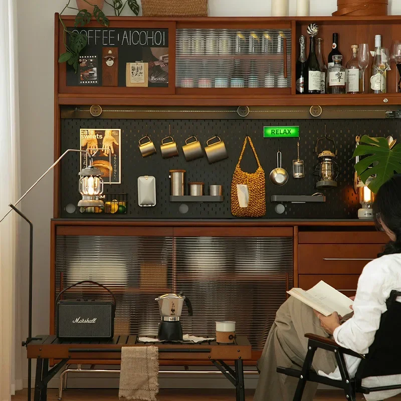 Nordic retro solid wood dining side cabinet, high cabinet integrated against the wall, storage locker
