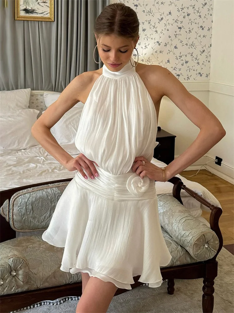 

Tossy White Summer Chiffon Mini Dress Backless Lace-Up High Waist Sexy Patchwork Party Dress Clothes Women's Floral Halter Dress