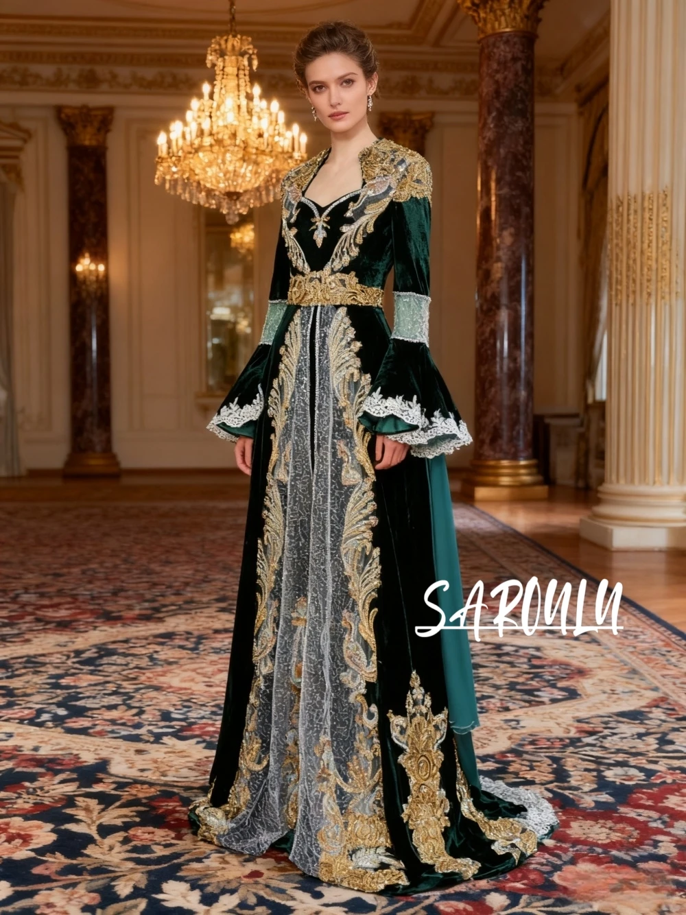 

Sultan Style A Line Women Prom Dress Long Flare Sleeve Gold Beaded Maxi Caftan Evening Gown Customized Party فساتين الس