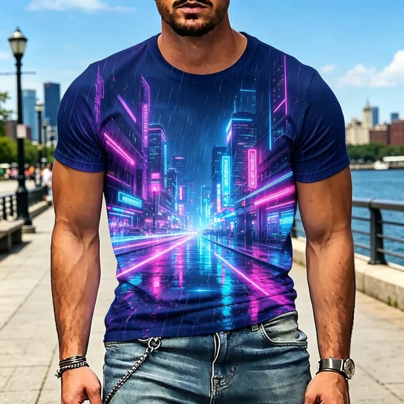 Men's Sci-Fi & Fantasy Landscape Print Casual T-Shirts, Short Sleeve Tops for Street Style, Fantasy Fans and Everyday Wear