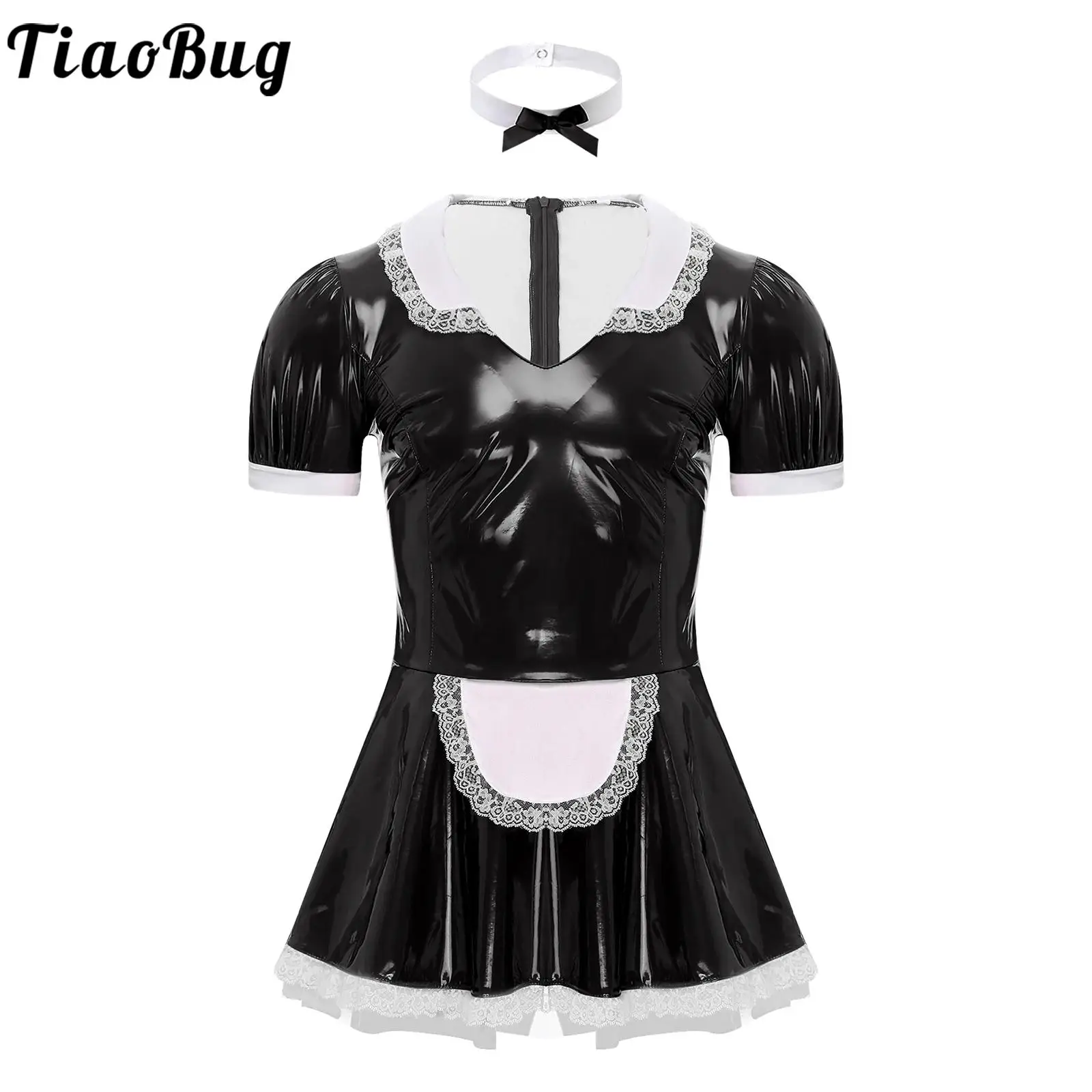 Heren Sissy Kostuum Jurk Meid Uniform V Hals Korte Mouw Lakleer Kant Trimmen Meid Fancy Cosplay Jurk Met Hals Ring