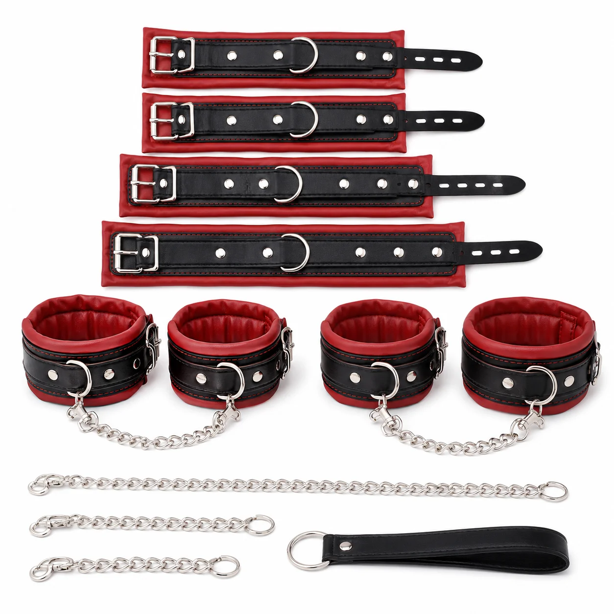 Red & Black PU Leather Wrist and Ankle Cuffs Set with Chain, Adjustable Soft Padded Restraints Kit, Metal Buckle Bondage Accessories for Roleplay