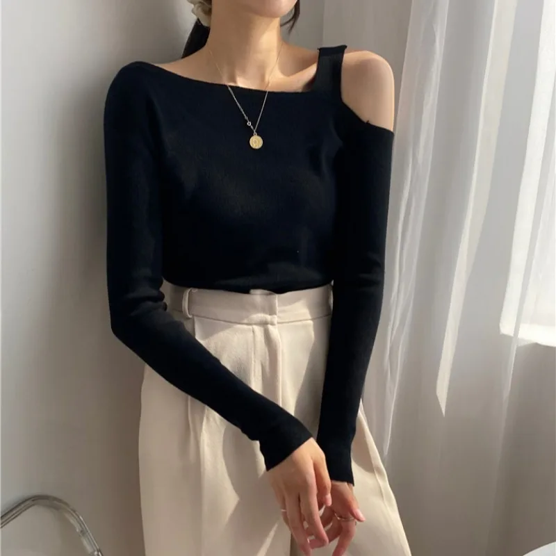 Komiyama Feminino Off Shoulder Womens Clothing Long Sleeve Y2k Sweater Asymmetrical Pullover Tops Bottomed Women Knitwears