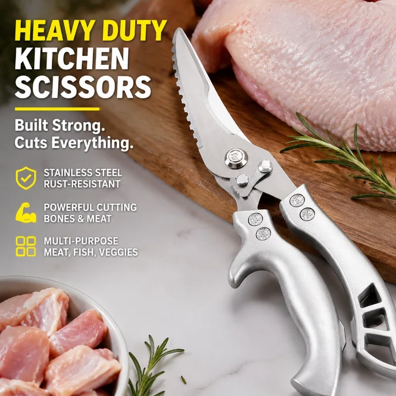 Household Stainless Steel Kitchen Scissors Heavy Duty Bone Shears for Chicken Bone Cutting Fish Cleaning Barbecue Processing
