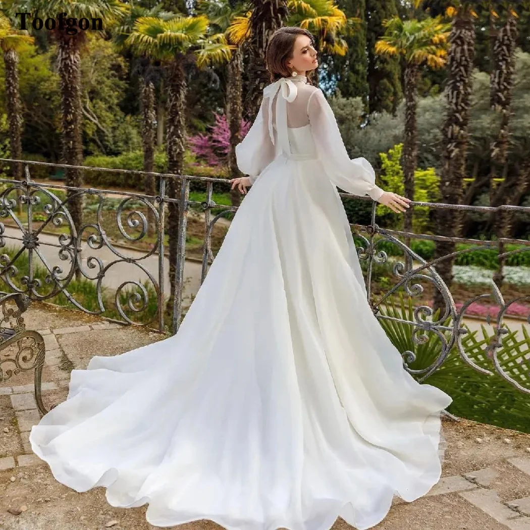 Toofgon-vestidos de boda de Organza de manga larga para mujer, de línea A vestidos de boda, cuello alto, tren de barrido, vestido de fiesta de novia Formal, 2023