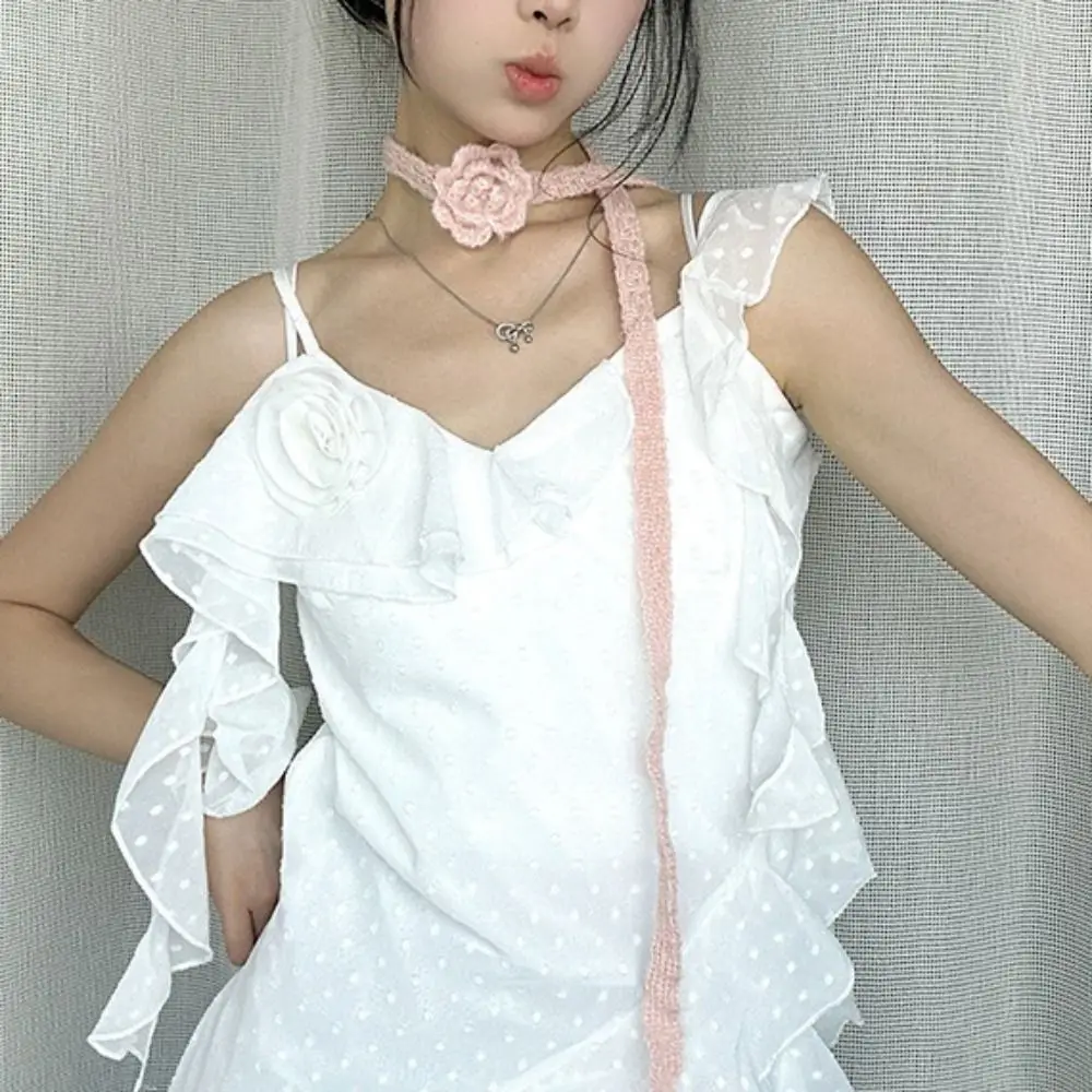 

Solid Color 3D Rose Scarf Three-Dimensional Rose Handmade Crocheted Narrow Ribbon Scarf Knitted Scarf Wool Shawl Crocheted Scarf