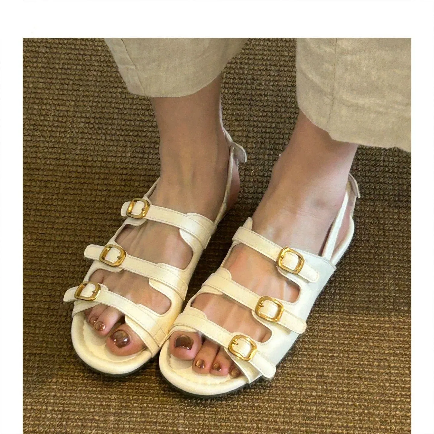 Rindsleder 3,5cm Sommer Neue Mode Schuhe Damen Rundzehen-Sandalen mit Einzelriemen und Niedrigem Blockabsatz