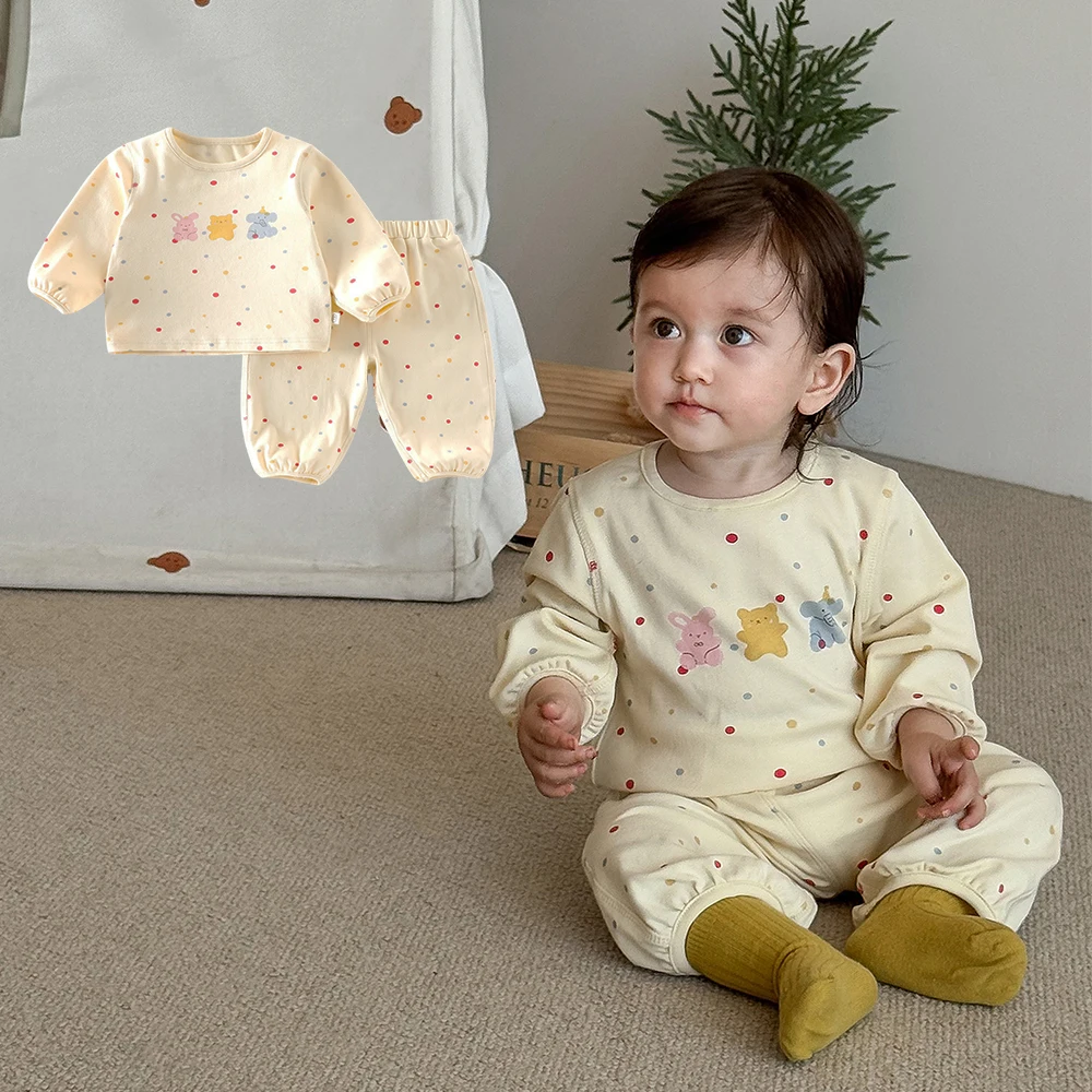 

2025 New Cartoon Animal Print Children Baby Girls Loungewear Set 0-5T Autumn Cotton Toddler Pastel Color Baby Girls Pajamas