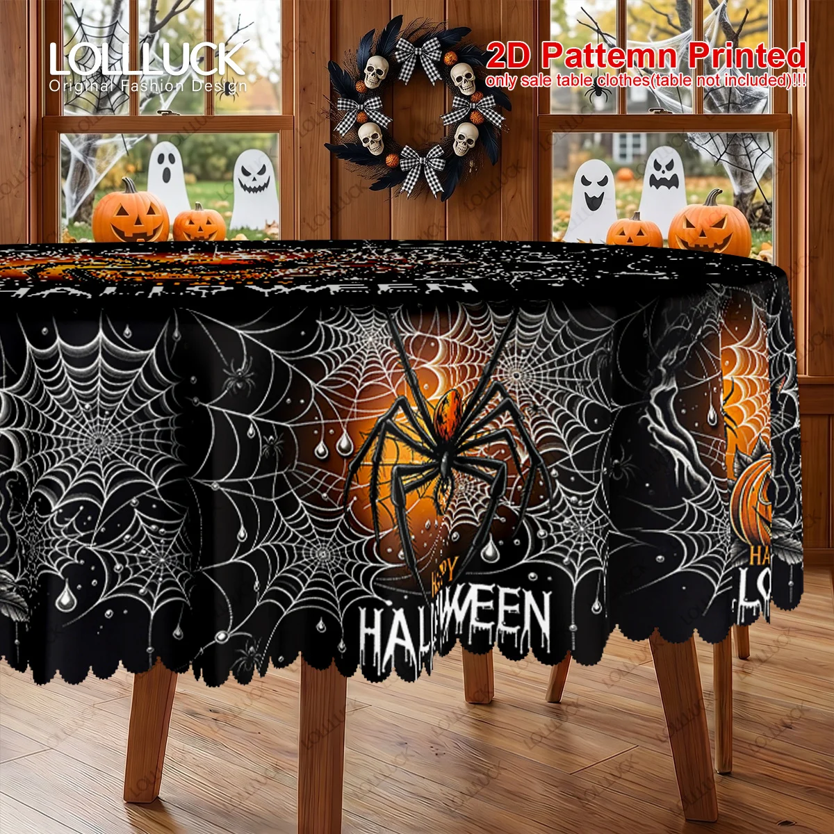 Halloween-themed party table towel, 1 piece, cat print, web page, pumpkin head on black background