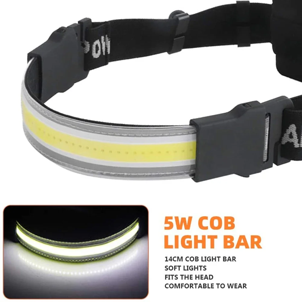 Halo Headband Light Strip Farol de feixe largo 210 °   Luz de faixa de cabeça leve COB angular para luz de acampamento e caminhada