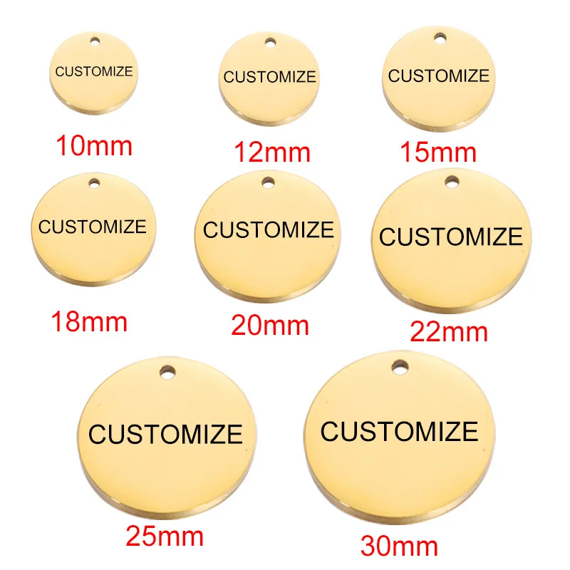 20 piezas pedido personalizado, dijes de acero inoxidable grabados con láser, logotipo redondo personalizado, etiquetas de joyería con logotipo de disco redondo, muchos tamaños