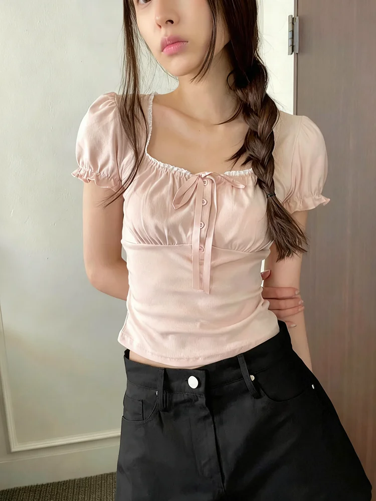 French Princess Style Lace Patchwork T-shirt with Buckle Square Neck Bubble Sleeves Versatile Sweet Slimming Top for Women