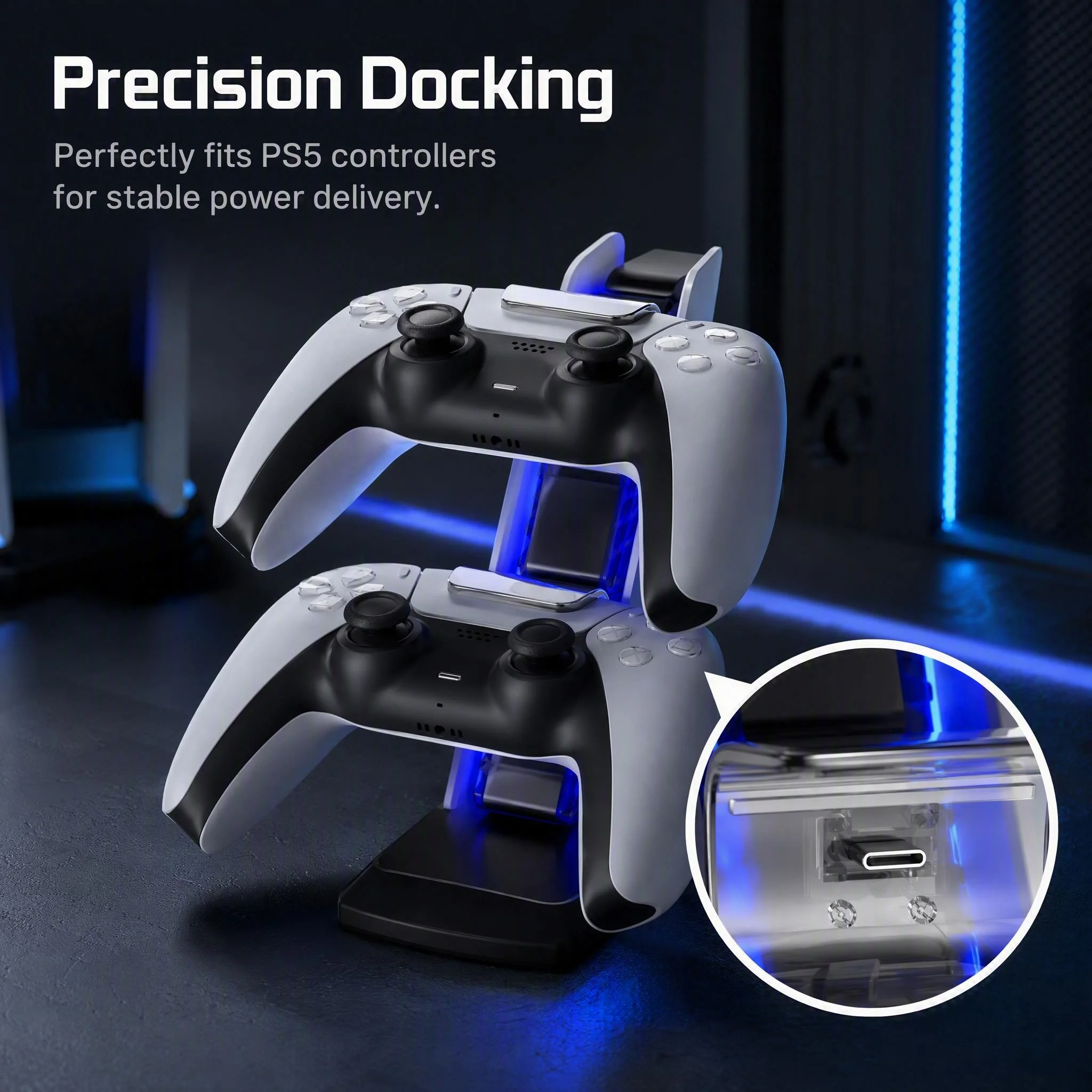 PD Fast Charging Dock for PS5 Controller Dual Port LED Light Vertical Tower Station Ambient Lighting Charger Stand 2 Controllers