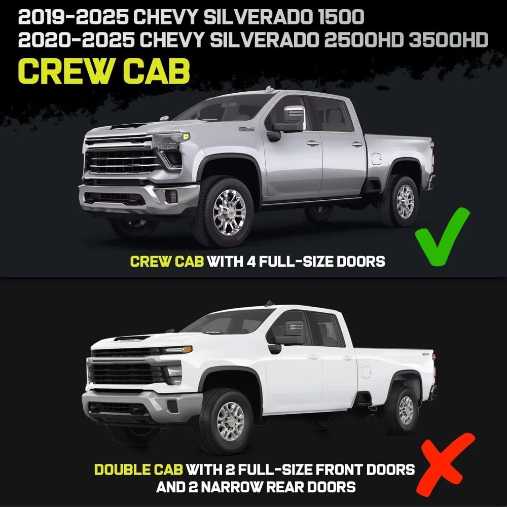 Bed Access Running Boards Compatible with 2019-2025 Chevy Silverado/GMC Sierra 1500 Crew Cab, 20-25 Silverado/Sierra 2500HD 3500