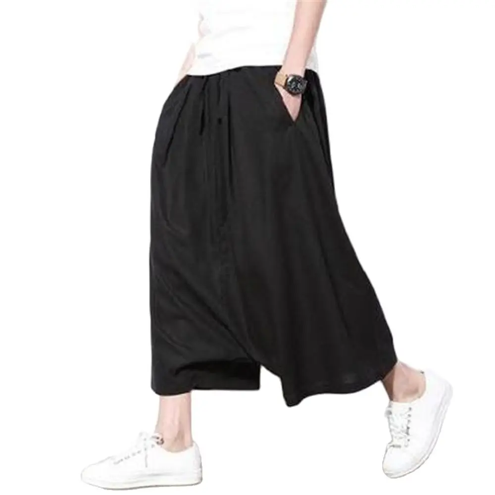 Men Pants Men's Wide Crotch Harem Pants Cotton Linen Loose Large Cropped Trousers Wide-legged Bloomers 2024 Korean Style Baggy