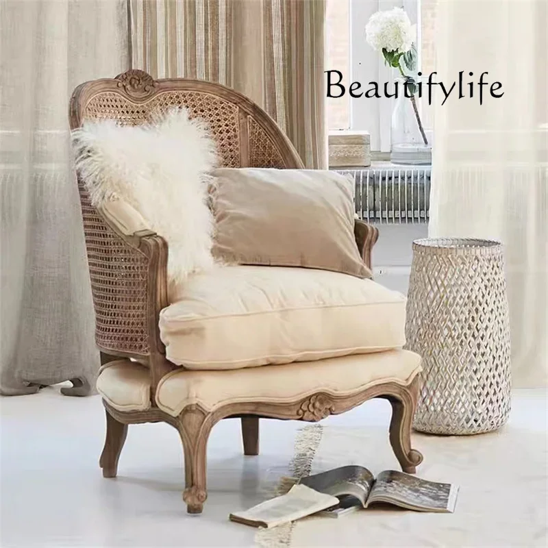 Retro solid wood carving flower single rattan chair American old rattan tiger chair antique carving sofa chair