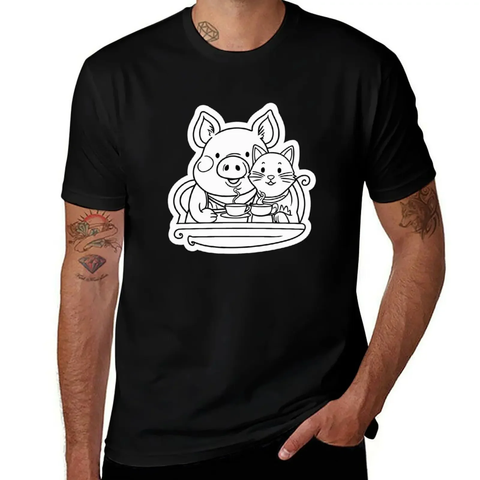 

Tea Time with Pig and Cat T-Shirt customizeds graphics summer top men t shirts high quality