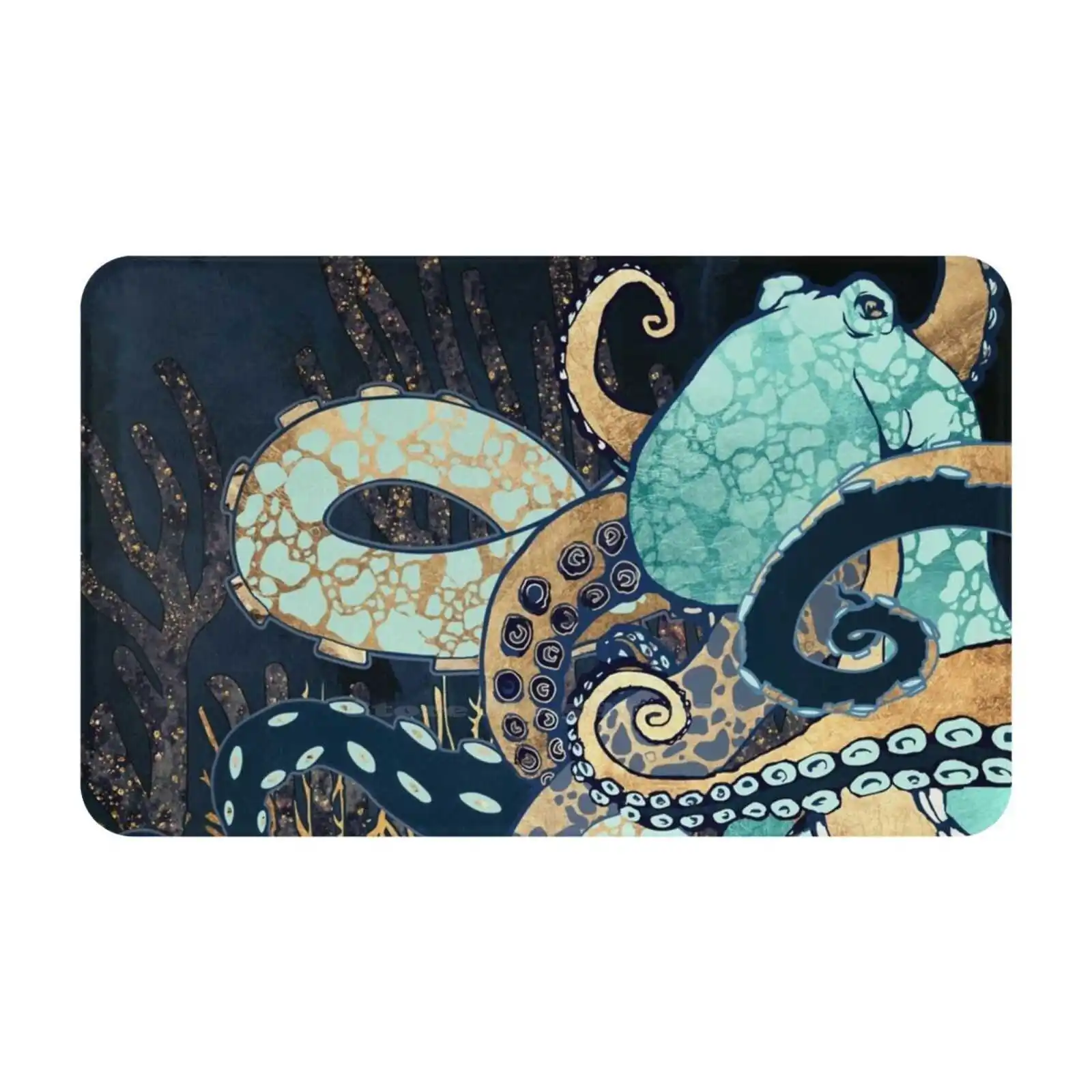 Octopus Ii Soft Cushion Car Home Carpet Door Mat Octopus Marine Aquatic Ocean Coral Tentacle Gold Blue Mint Copper Nature