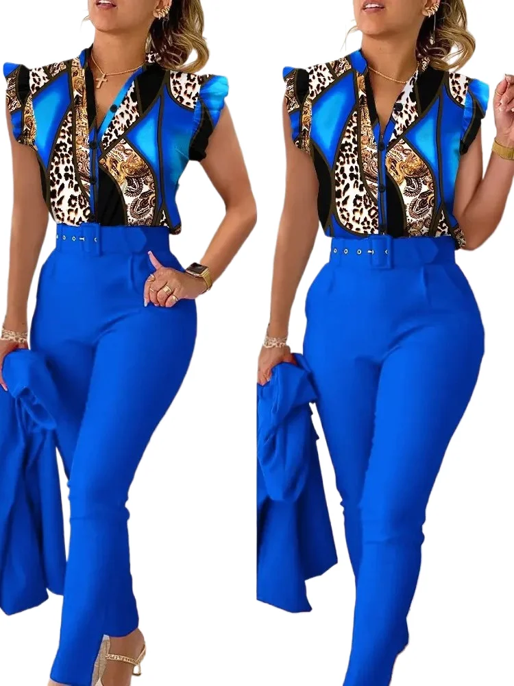 

Elegant Short Sleeve Shirt Pants Set Office Lady Fashion V Neck Floral Print Ruffles Trousers Two Piece Set Women Outfit 2023