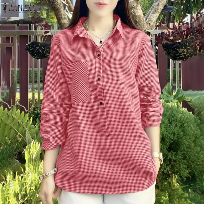 2026 ZANZEA Women Lapel Neck 3/4 Sleeve Plaid Blouse Summer Office Shirt Casual Buttons Up Tops Female Mujer Chemise Oversize