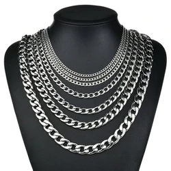 HNSP 316L Stainless Steel Cuban Flat Chain Necklace For Men Jewelry Accessories 3MM-10MM Wide Silver Color