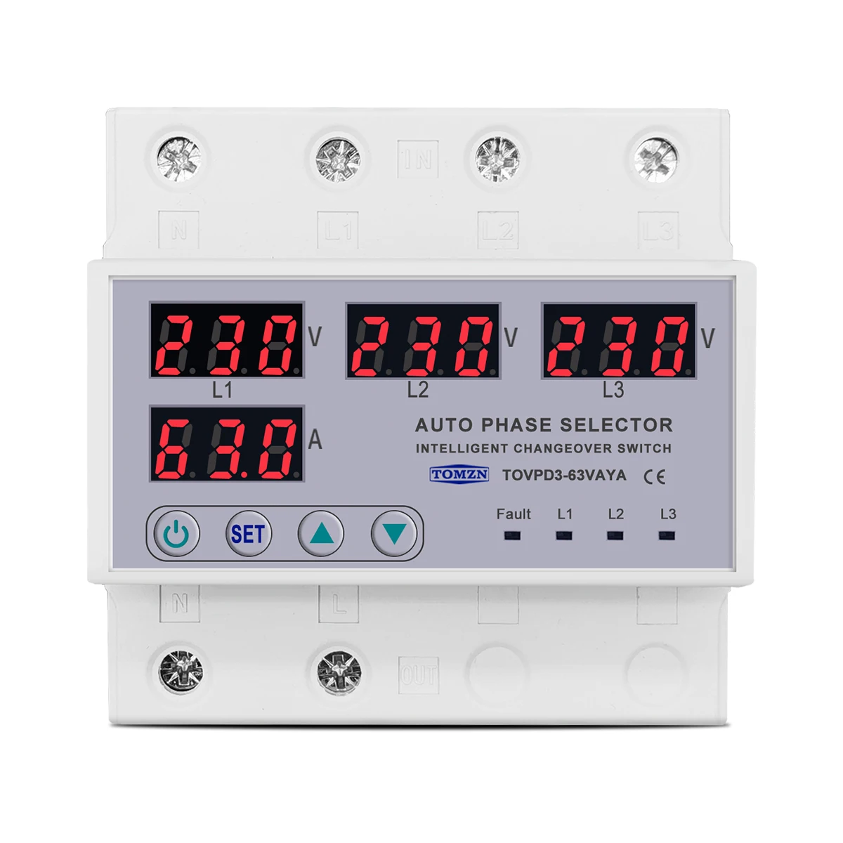 63A TOMZN 3 Phase 3P+N DIN Rail Phase Selector Adjustable Over And Under Voltage Current Protection Monitor Relays Protector