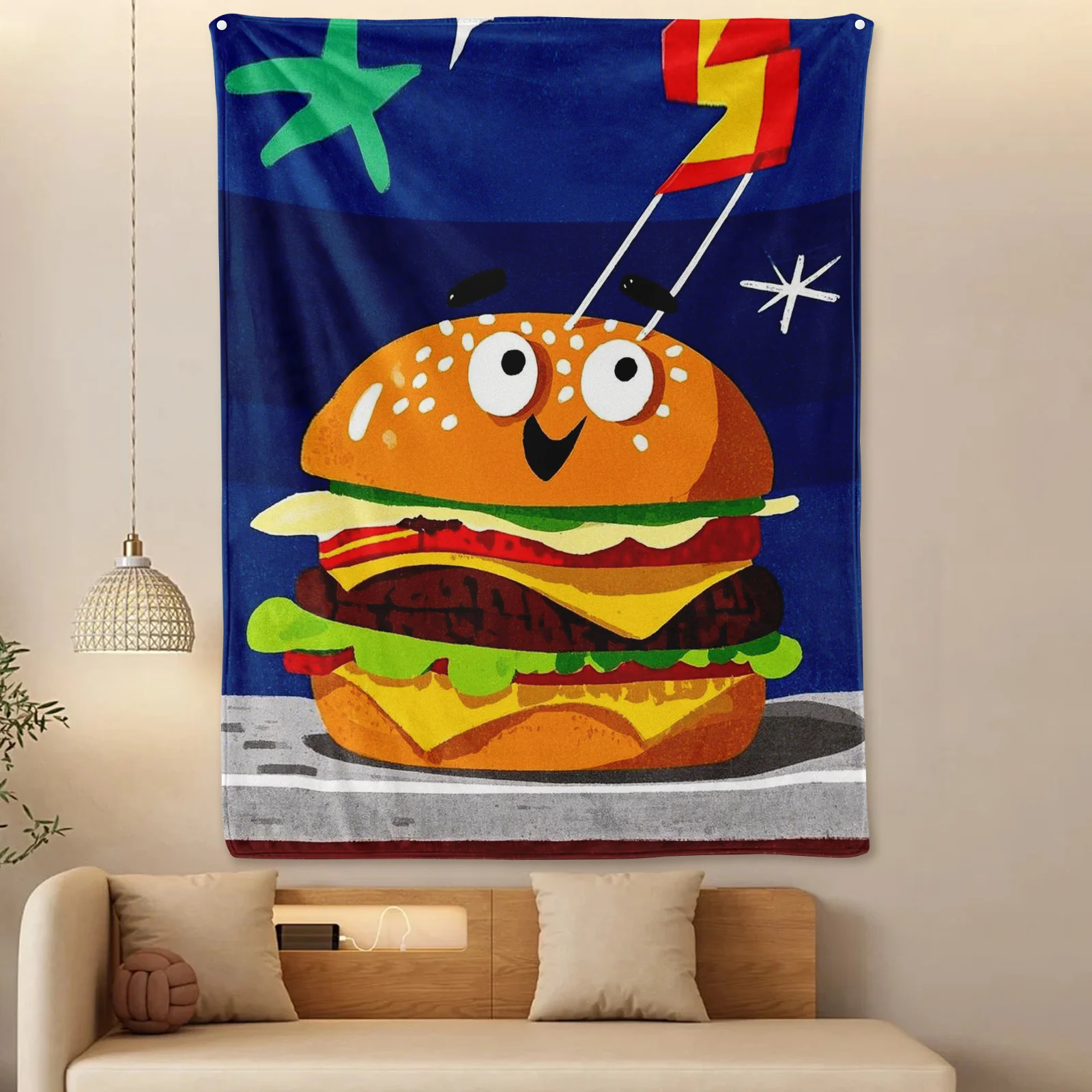 Hamburger Star Personified Blue Blanket For Stylish Warmth And Creative Design Ideal For Home Use Or Outdoor Adventures