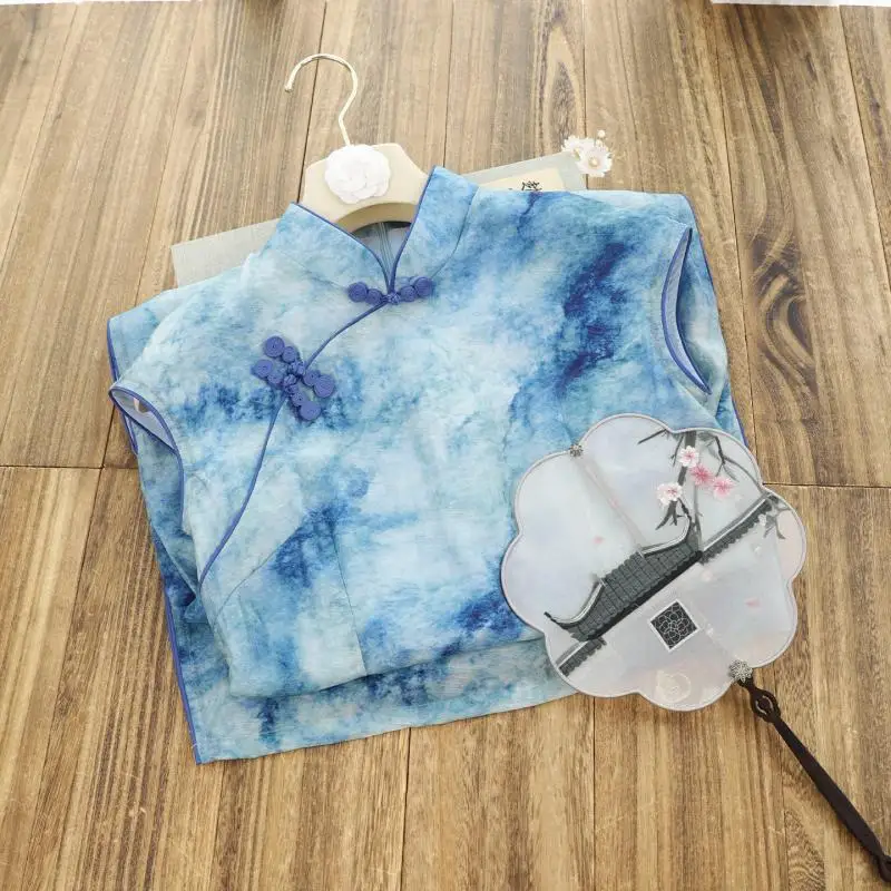 Vintage Chinese Princess Style Cheongsam Blue Tie Dyed Qipao Summer New Streetwear Women Cosplay Chinese Qipao Vestidos