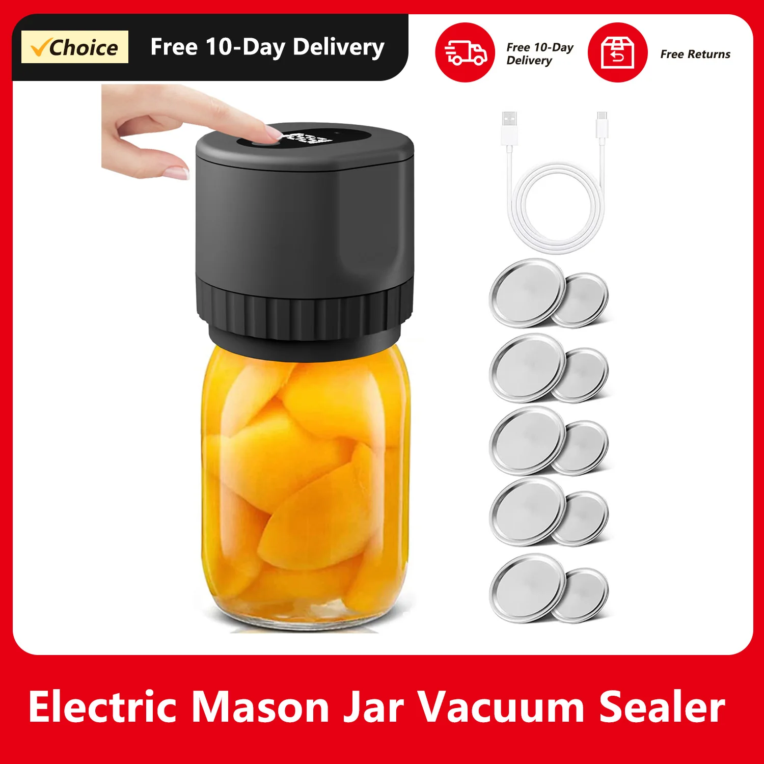 Electric Mason Jar Vacuum Sealer Kit Cordless Automatic Jar Sealer Kit ​with Mason Jar Lids for Food Storage and Fermentation