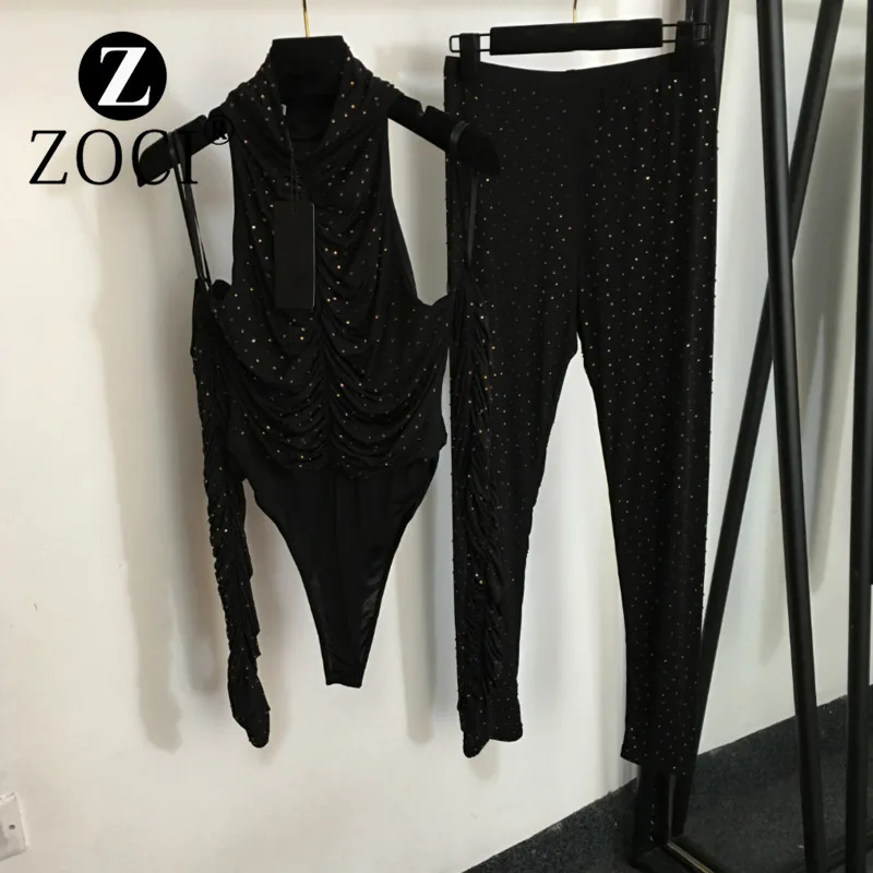 [ZOCI] 2024 New Set Full Body Hot Diamond Off Shoulder Cuffles 1Piece Tight Top+Elastic Feet Leggings