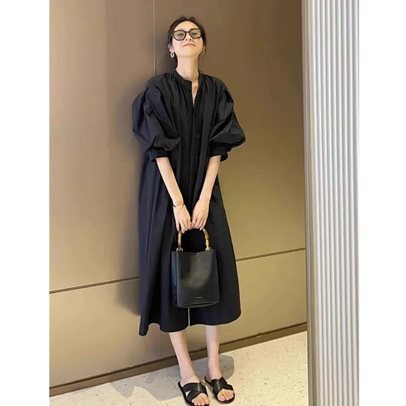

plus Size Bubble Sleeve Pleated Waist Cinching Long Dress Korean Style A-Line Casual Summer Dress High Waist Long Skirt