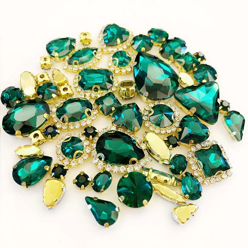 Mixed Shape 58pcs/bag Malachite Green Glass Rhinestones, Golden Base Crystal Buckle Use for Needlework, DIY Sewing Accessories