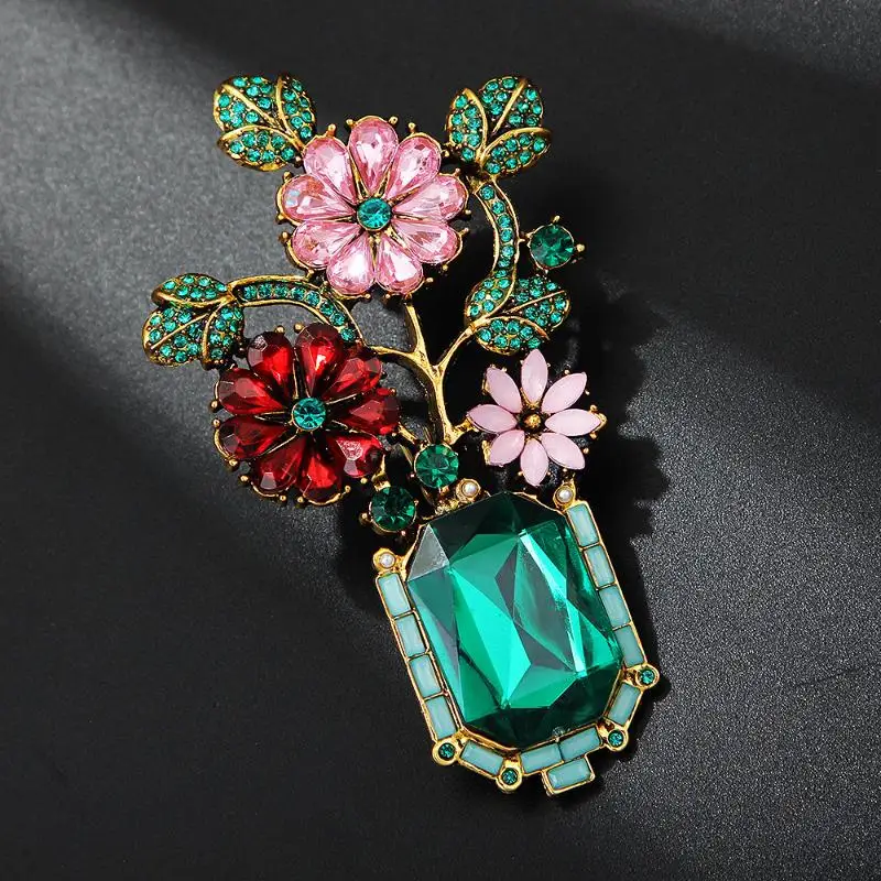 (BF06)Vintage Crystal Luxury Emerald Vase Flower Brooch For Women Elegant Colorful Rhinestone Sunflower Brooch Pin Jewelry Gifts