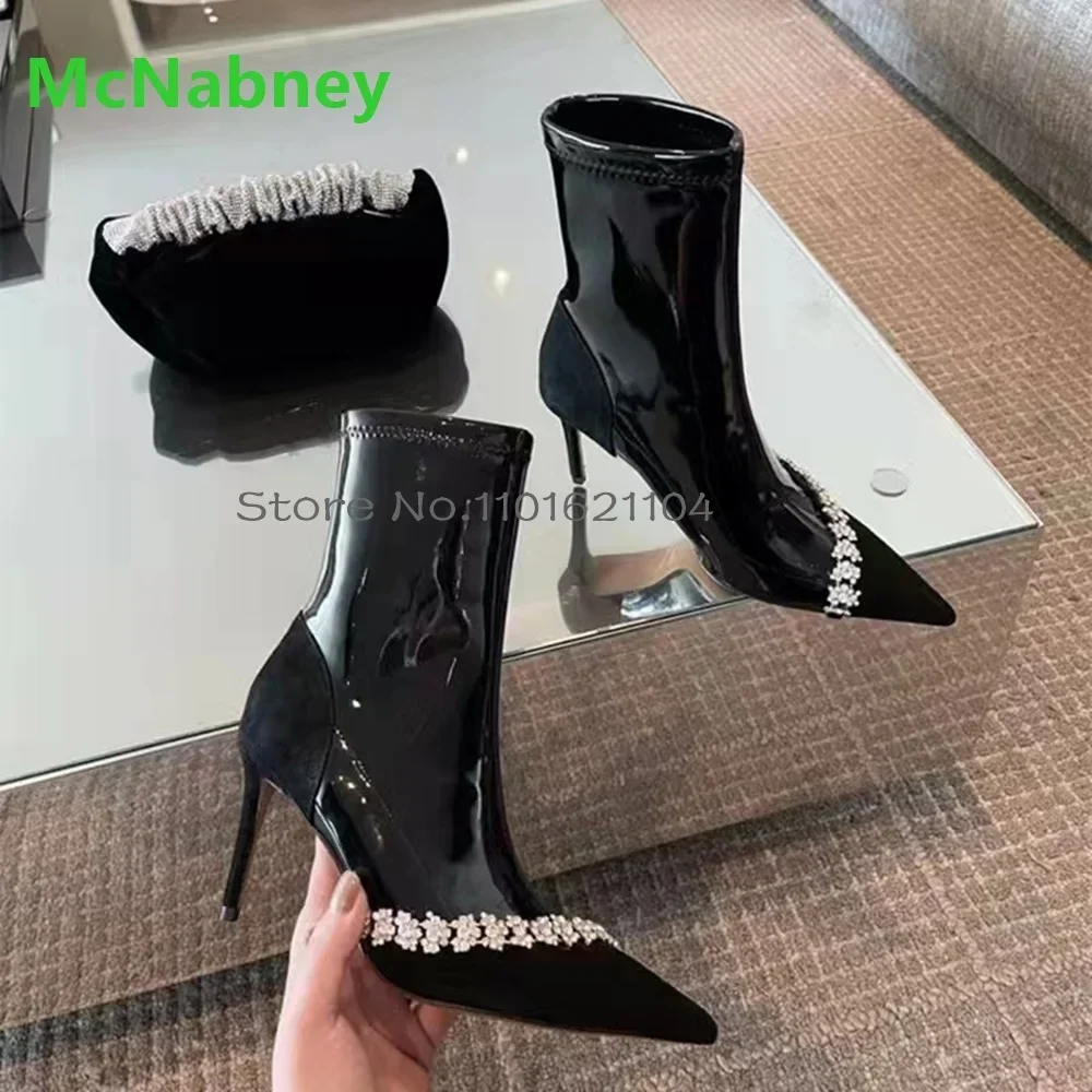 

Black Flower Crystal Pointed Toe Boots For Female Women 2024 Winter New Thin High Heel Ankle High Short Elegant Sexy Luxury Shoe