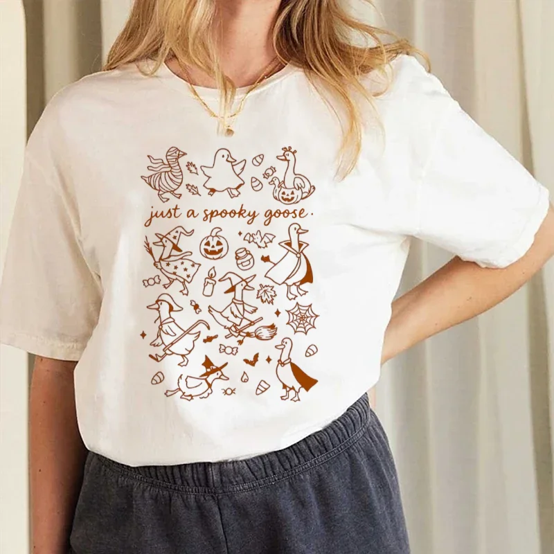 Just A Spooky Goose Cartoon Basic Trendy T-Shirt Printed Halloween Cute Top Casual Round Neck Fun Women's New White T-Shirt