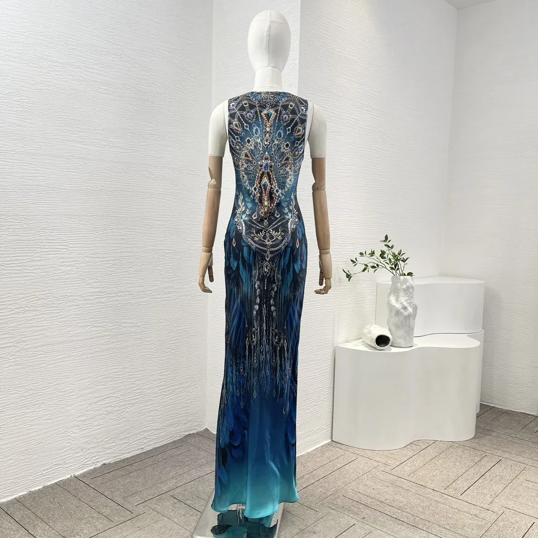 2024 New Spring Summer Silk Navy Blue Peacock Print Sleeveless Diamonds Pressed Vest Side Slit Maxi Dress