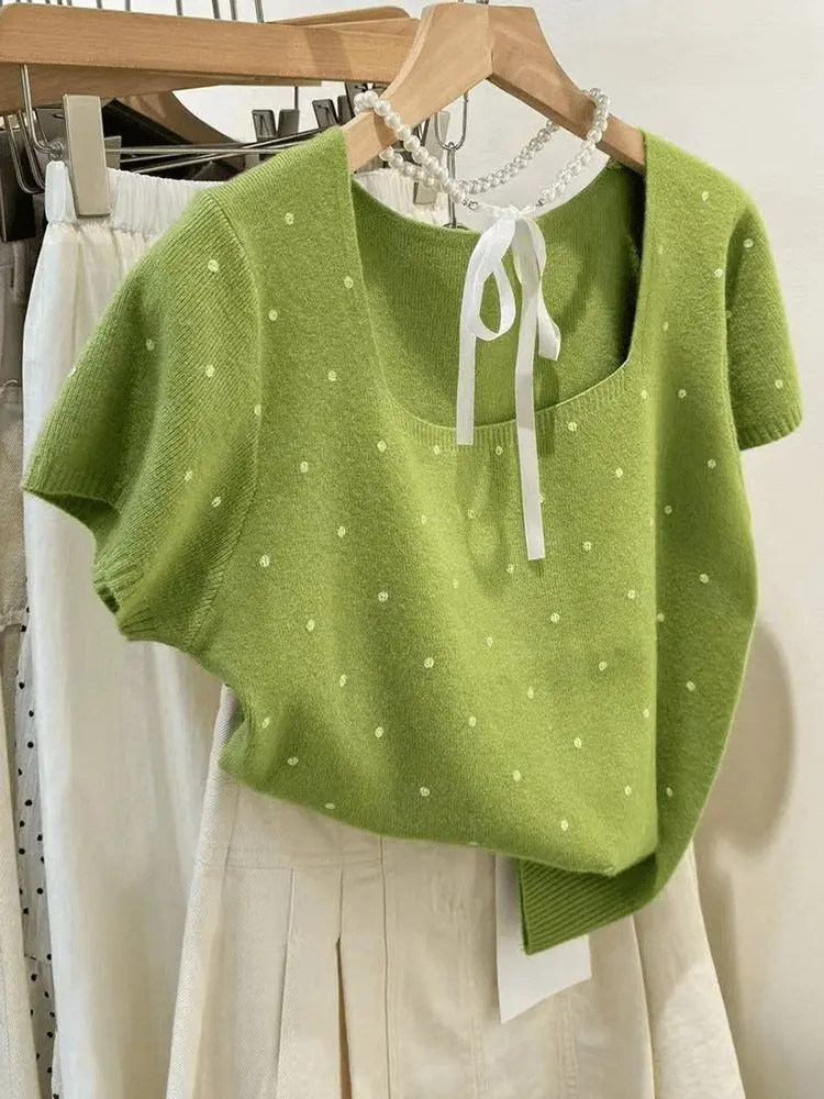 

Vintage Polka Dots Square Neck Short Sleeves Knit T-shirt Knitwear Pullover Women Tops Spring Summer Clothing Y2k Top