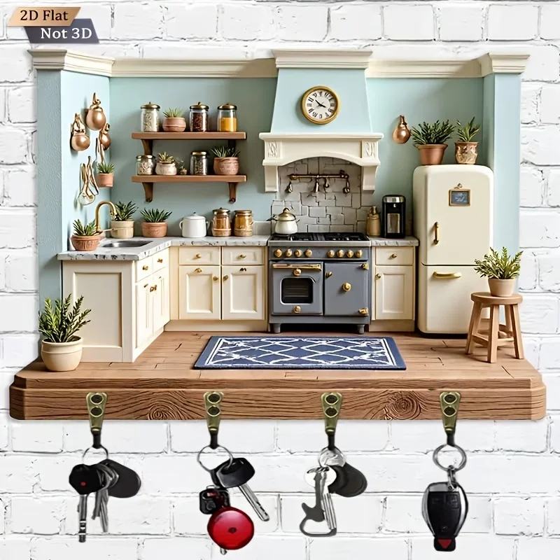 2D Flat Surface. 1-Pack Vintage Kitchen Key Hook - Wooden Multi-functional Decorative Key Holder with Four Metal Hooks, Wall