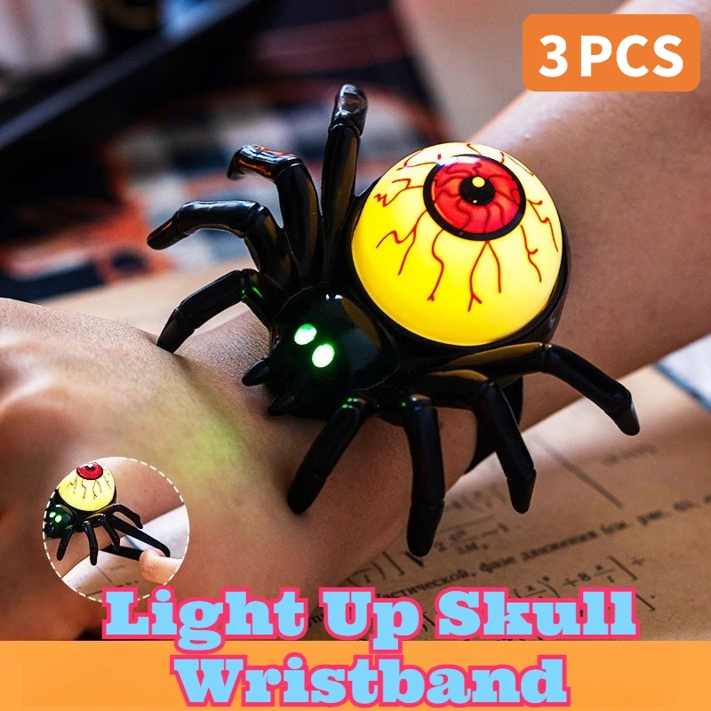 3PCS Light Up Spider Skull Wristband Halloween Prank Prop Small Toy Gift Party Event Tabletop Decoration Ornament Accessory