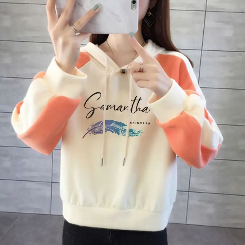 

Fashion Printing Spliced Lace Up Hooded Sweatshirts Female Clothing 2023 Autumn Winter Loose Korean Tops Casual Sweatshirts