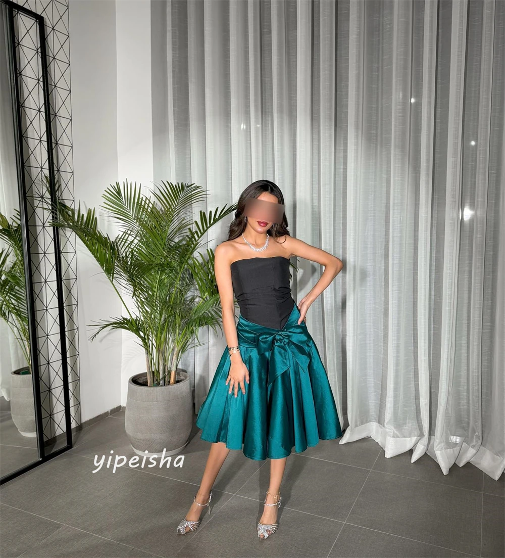 Prom Dress Satin Draped Bow Pleat Clubbing A-line Strapless Bespoke Occasion Gown Knee Length Dresses Saudi Arabia Evening