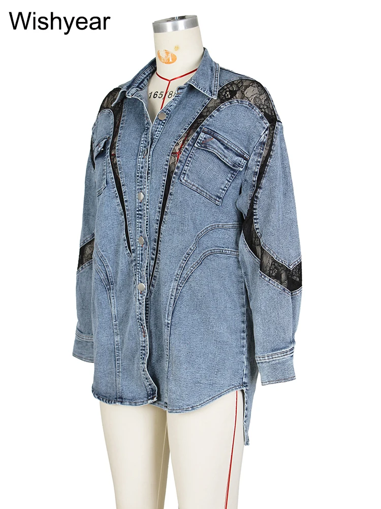 Elegant Long Sleeve Lace Patchwork Turn-down Collar Single Breasted Denim Shirt Jacket Women Fall Birthday Jean Coats Streetwer